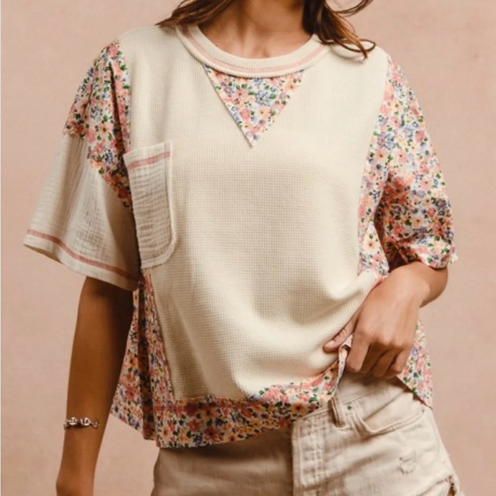BNWT BiBi Forgive Me Yet Floral Accent Cream Tee